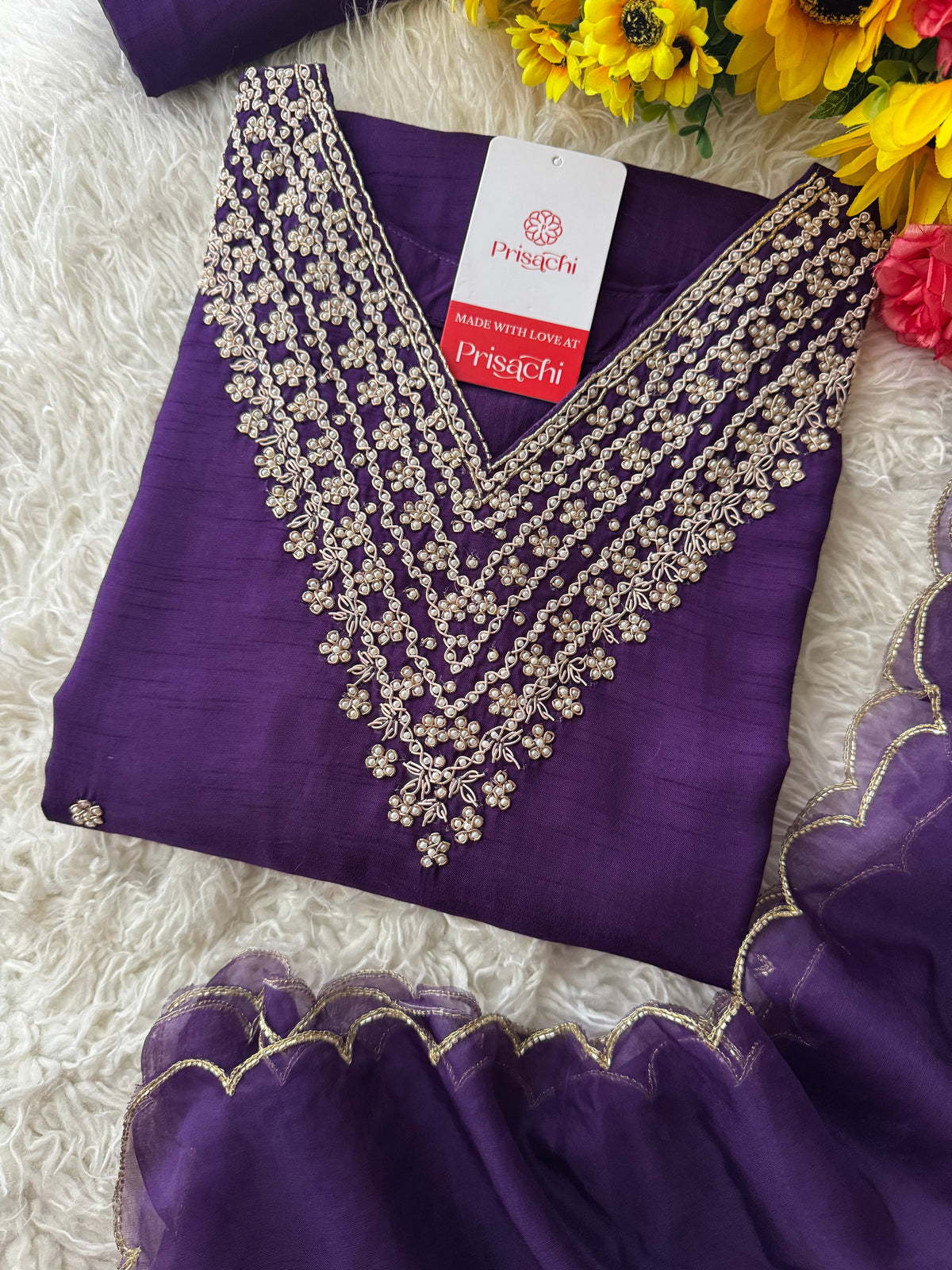 Purple neck embroidered kurta set with dupatta