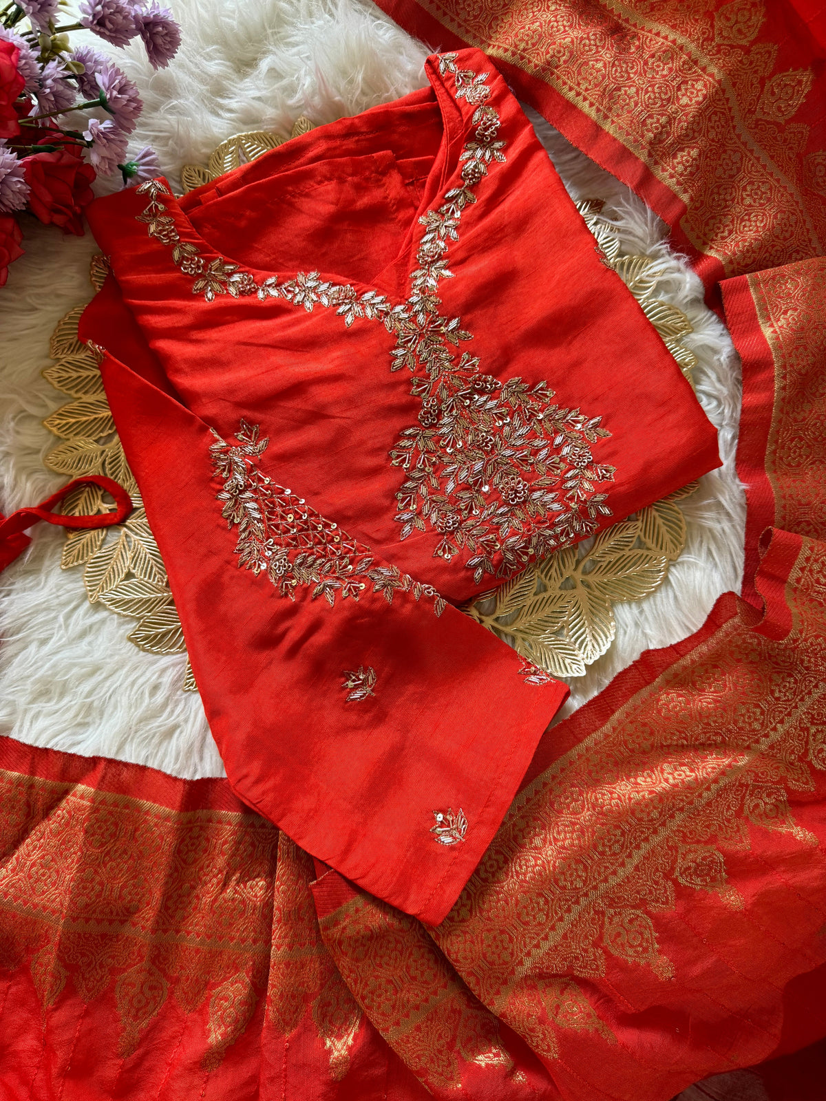 Orange  Designer Kurti set with Banarasi Duptta