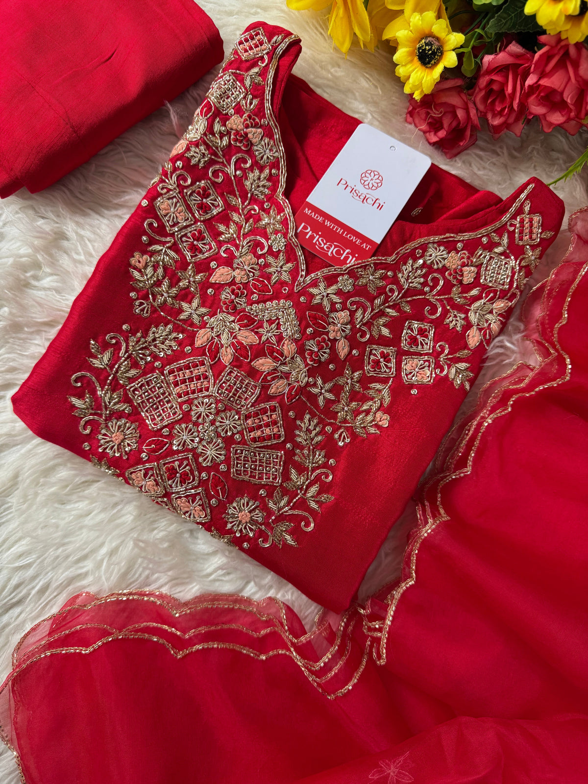 Red Embroidered kurta set with dupatta