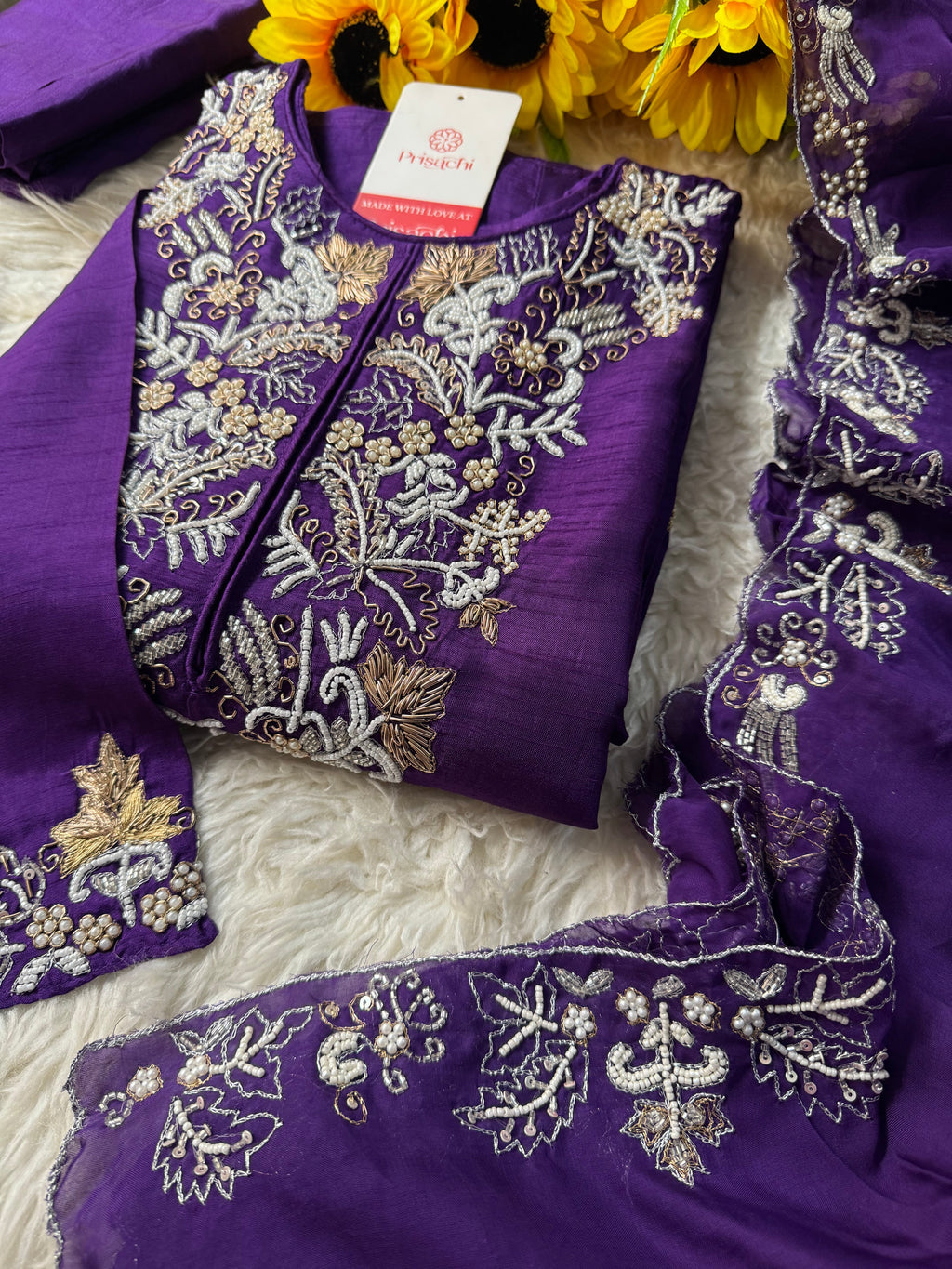 Purple Designer Embroidery Kurti pant with embroidered Work duptta