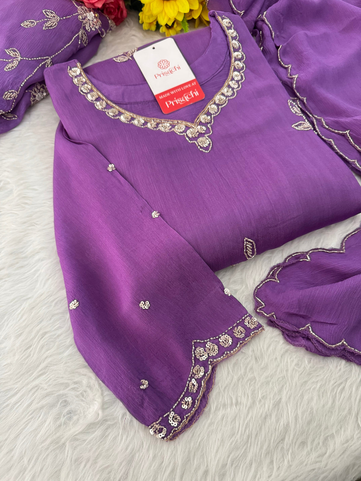 Purple  Embroidered Sharara Set with pants and Dupatta for Women | Prisachi