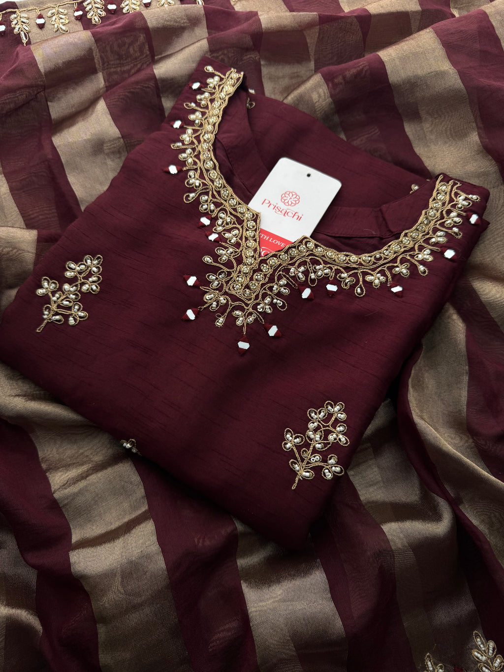 Brown hand embroidered kurta pant with dupatta