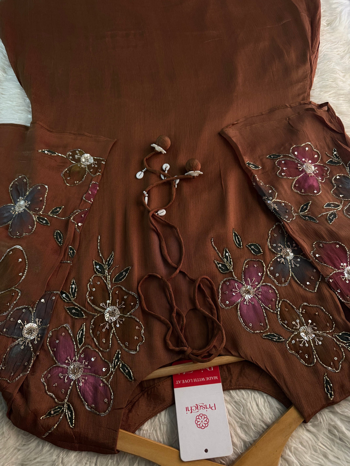 Brown hand embroidered A Line  kurta pant  with dupatta