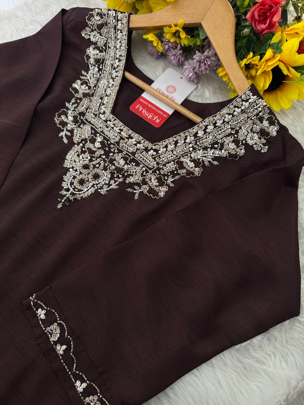 Brown hand embroidered kurta pant with dupatta