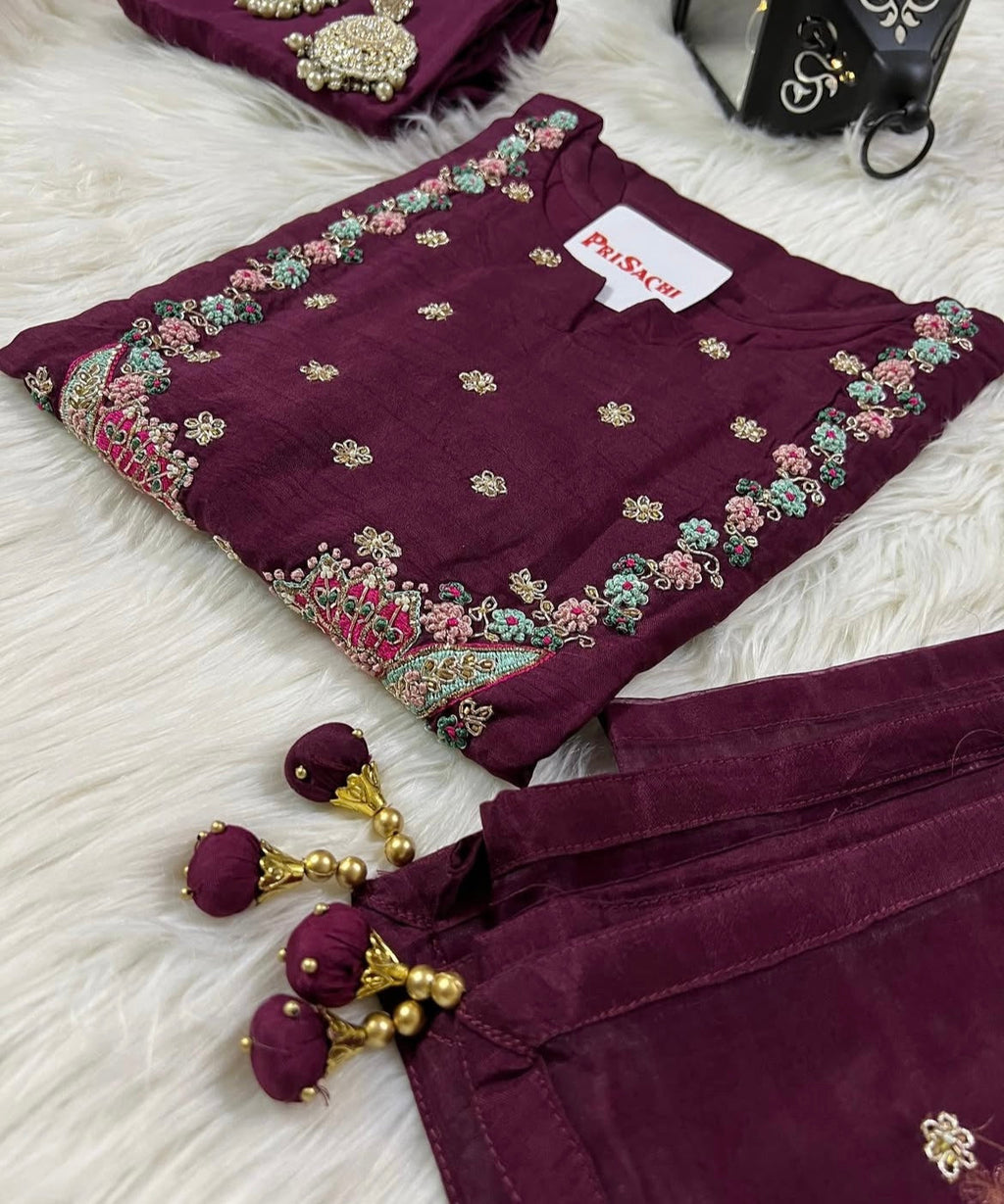 Wine Embroidered chanderi silk kurta set with dupatta