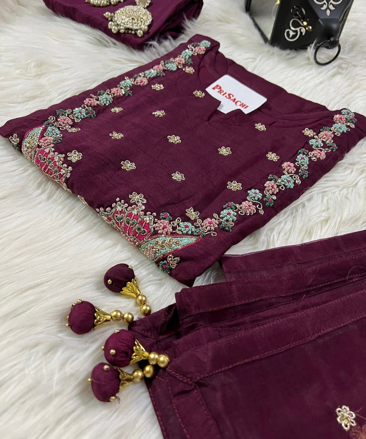 Wine Embroidered chanderi silk kurta set with dupatta