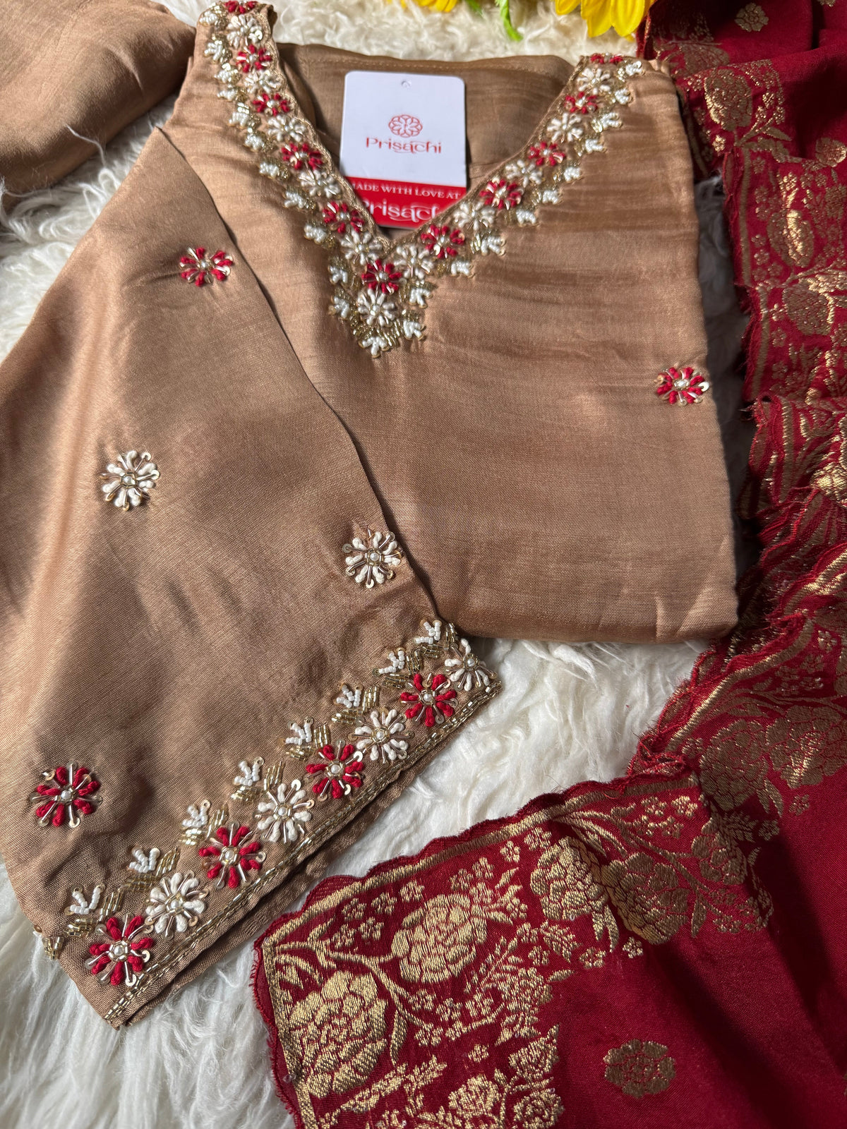 Brown Designer Kurti pant  with Banarasi Duptta