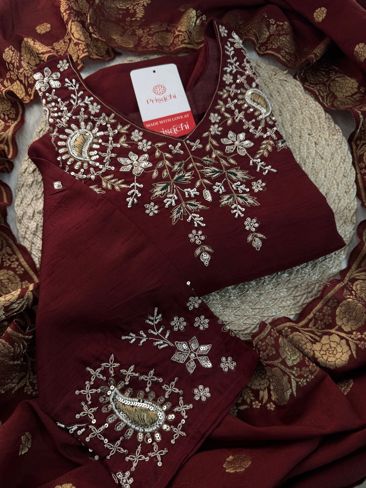 Brown hand embroidered kurta pant with dupatta with Pockets