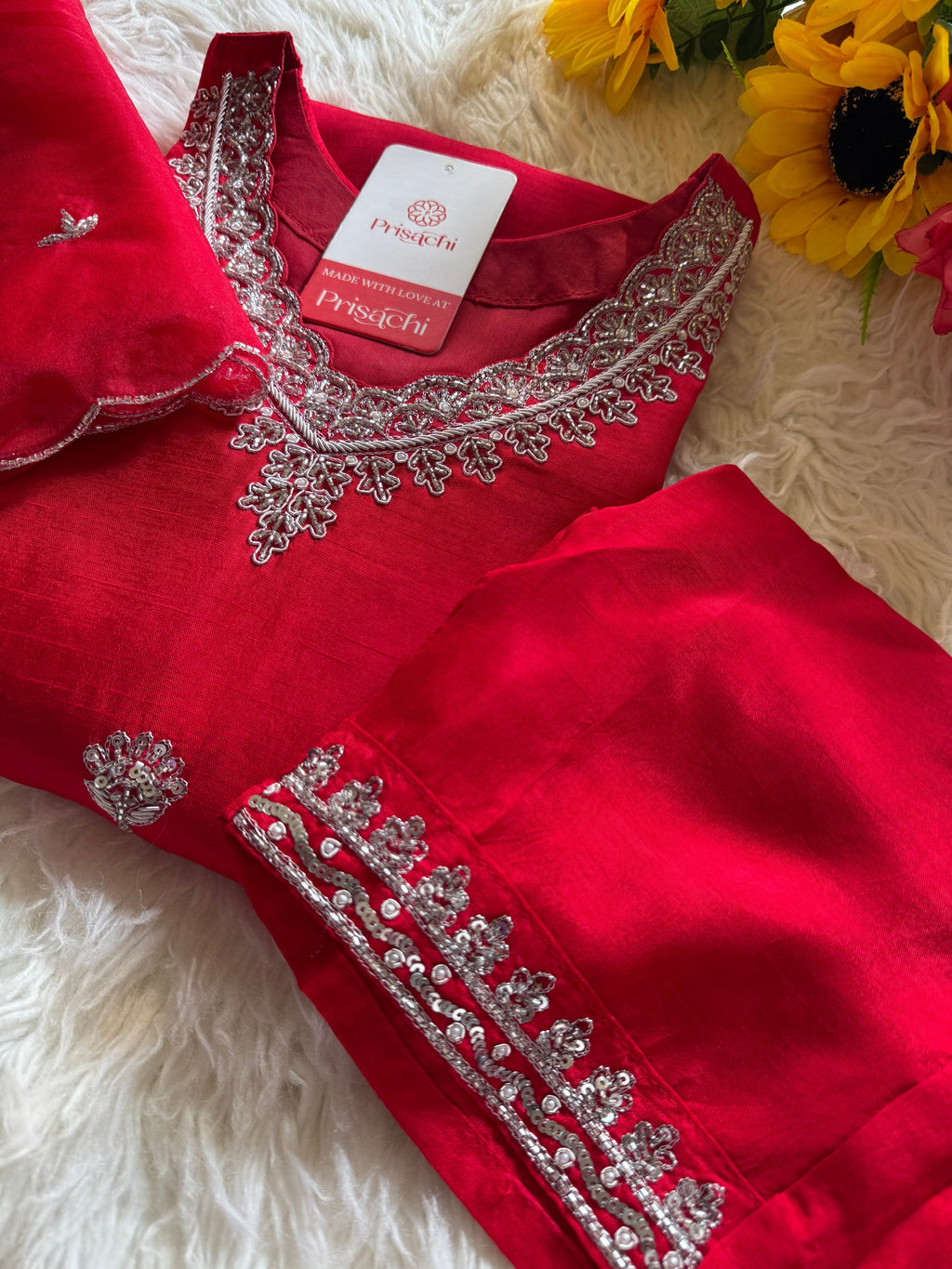 Red embroidered kurta Pant  with dupatta