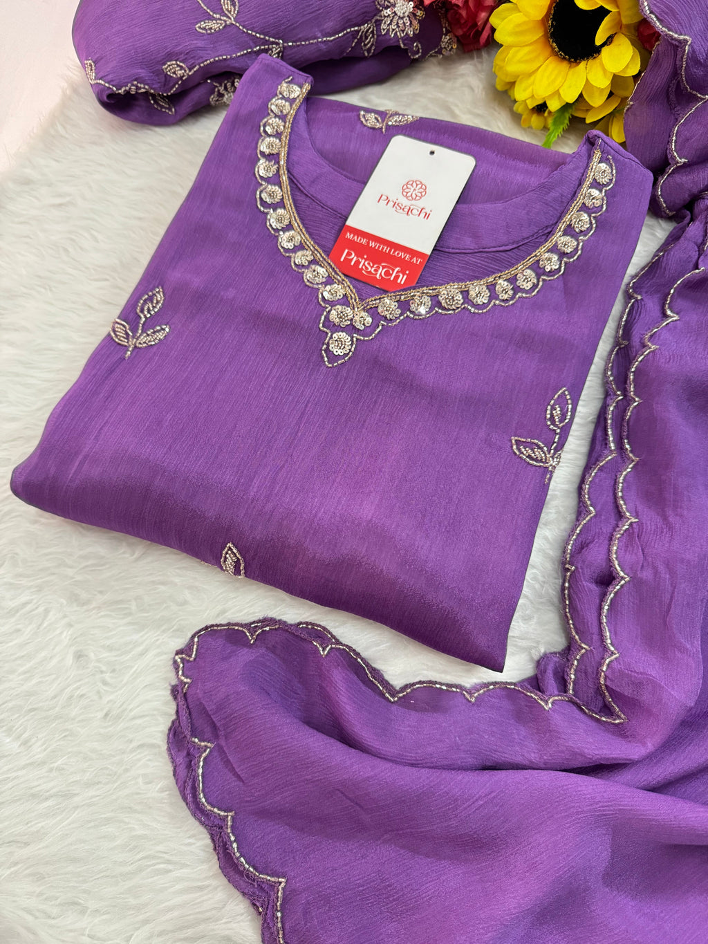 Purple  Embroidered Sharara Set with pants and Dupatta for Women | Prisachi