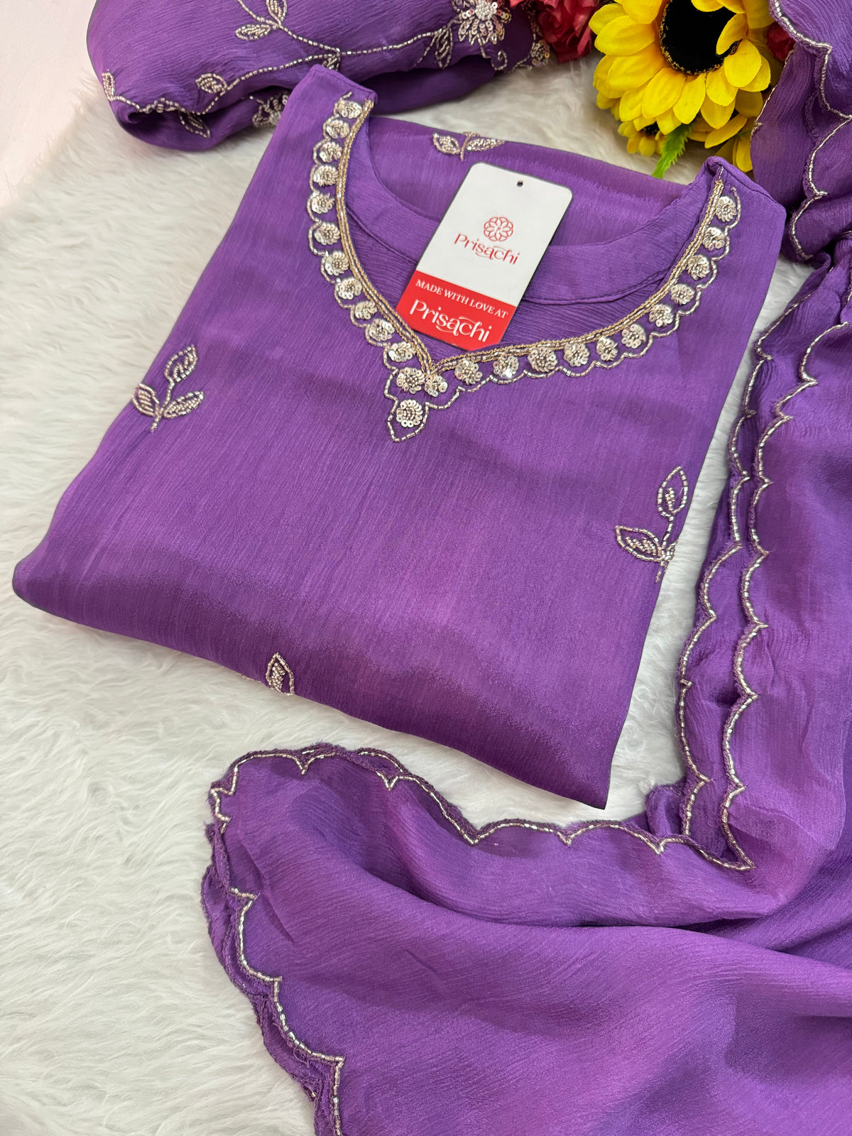 Purple  Embroidered Sharara Set with pants and Dupatta for Women | Prisachi