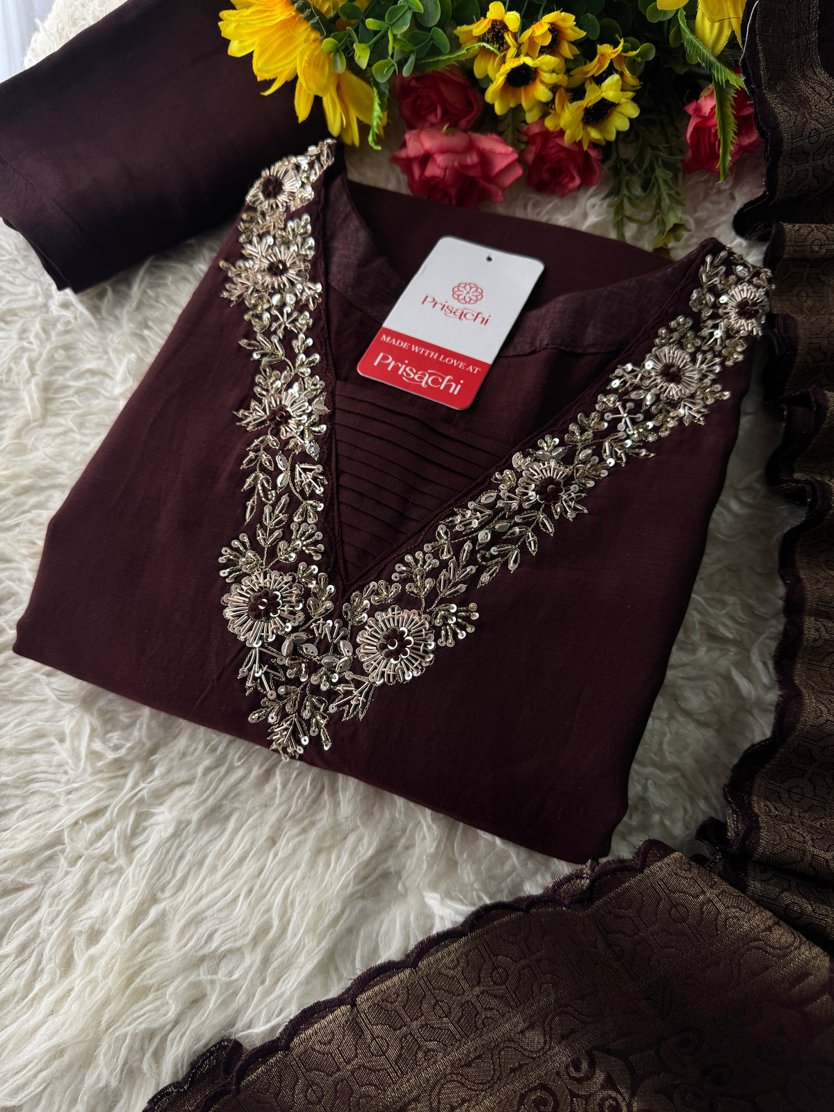 Brown hand embroidered kurta pant with dupatta