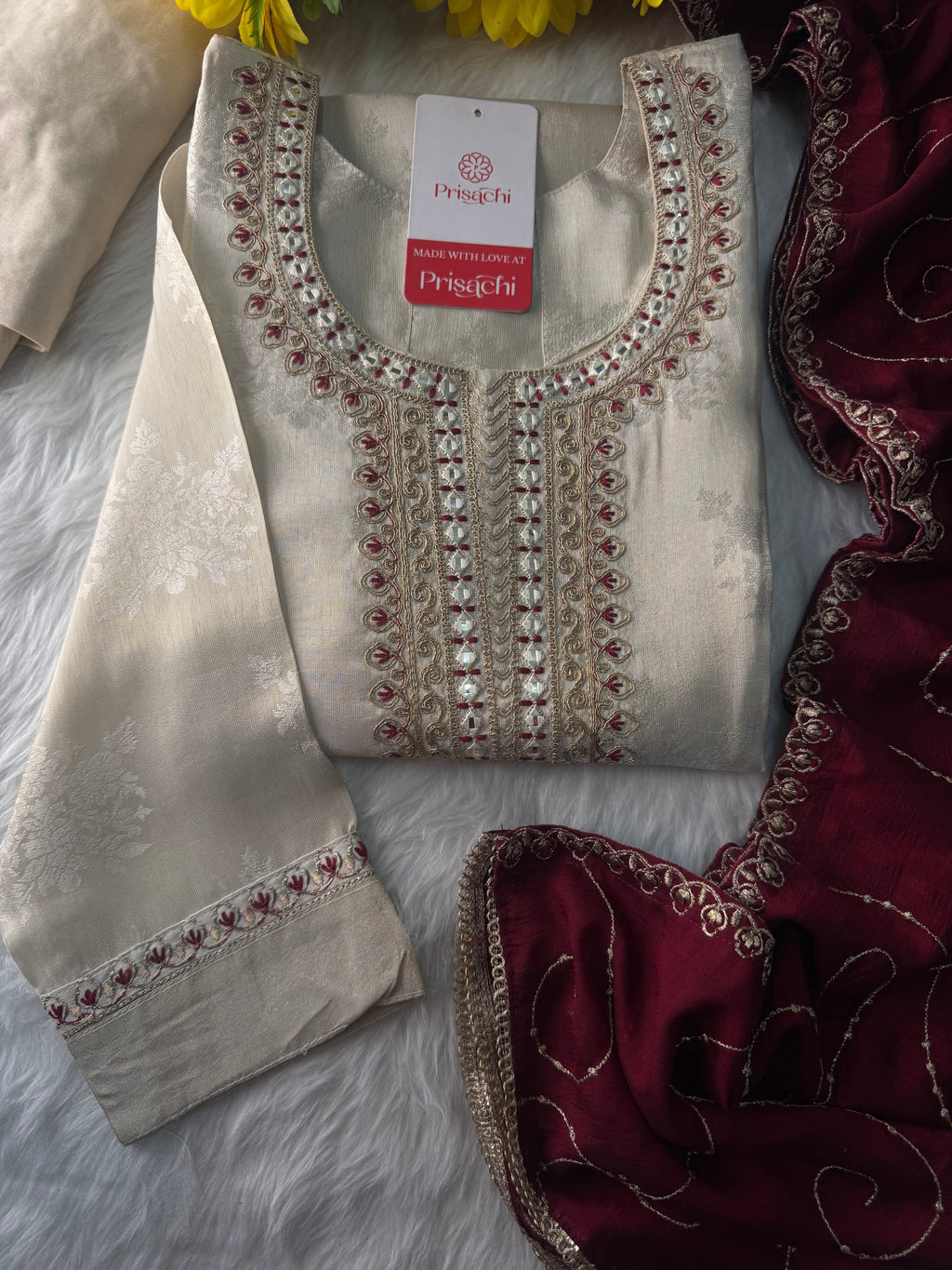 Off White Designer Embroidered Kurta set with dupatta and Pant