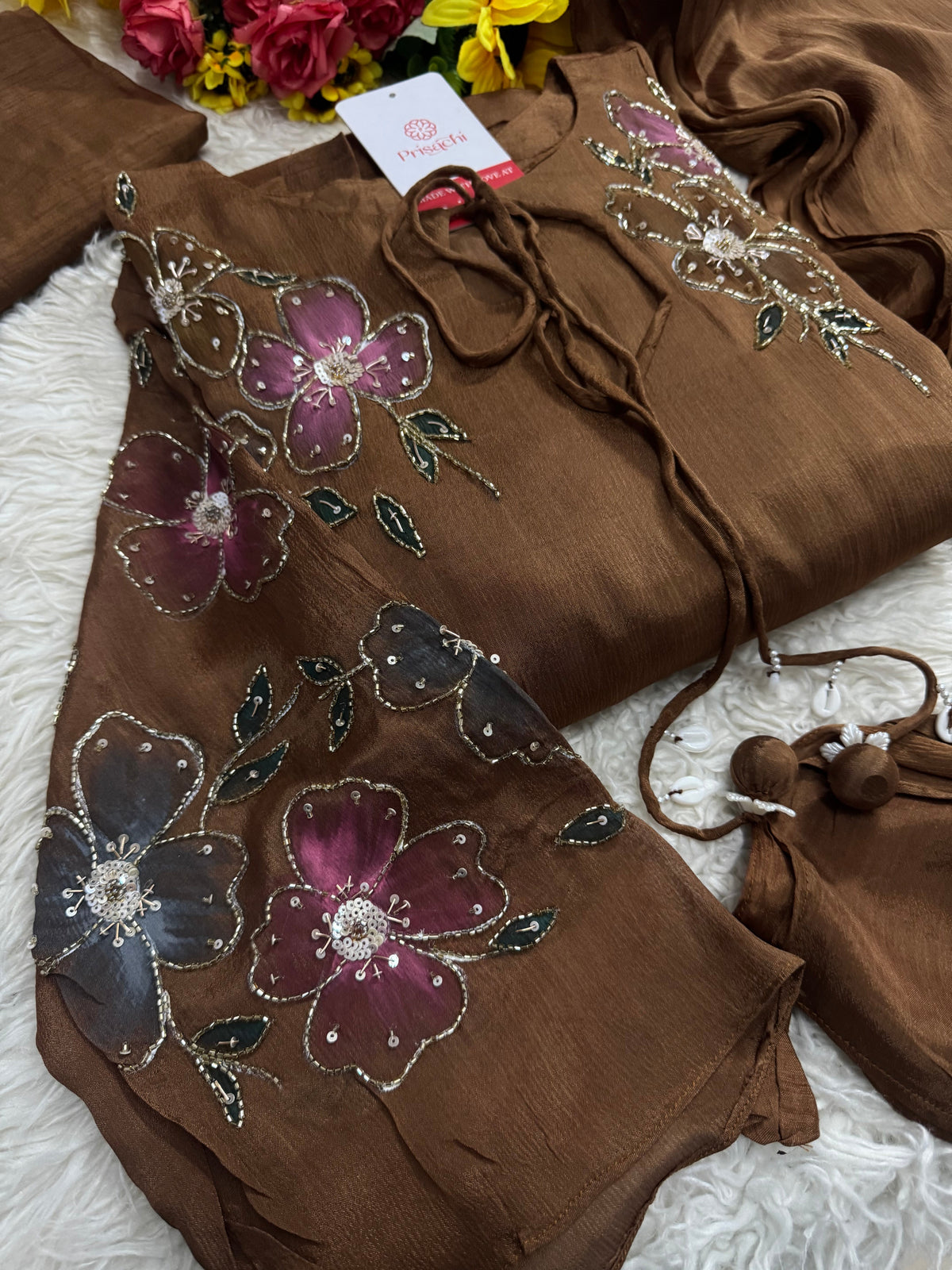 Brown hand embroidered A Line  kurta pant  with dupatta