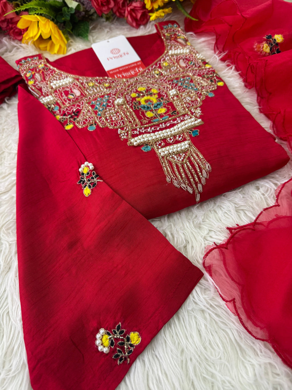 Red embroidered kurta set with dupatta