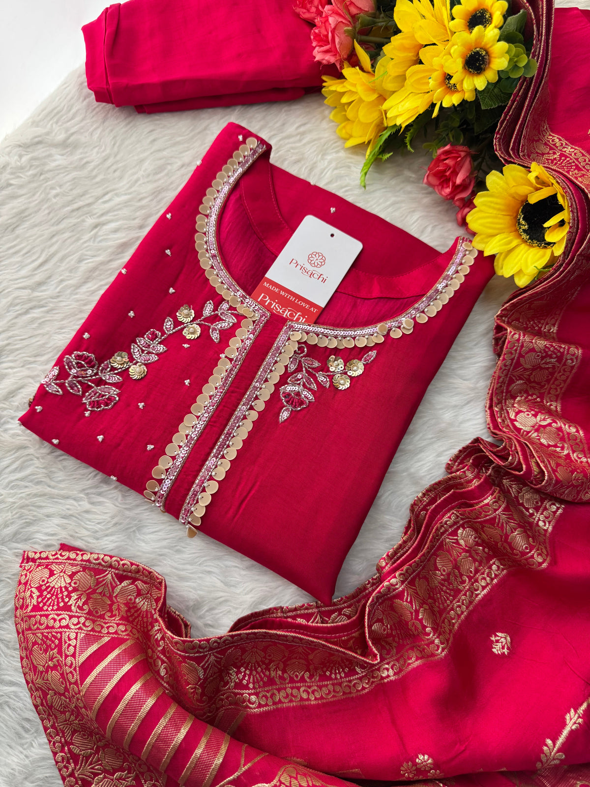 Pink Designer Embroidered Ethnic Kurta Set with Pants & Floral Dupatta