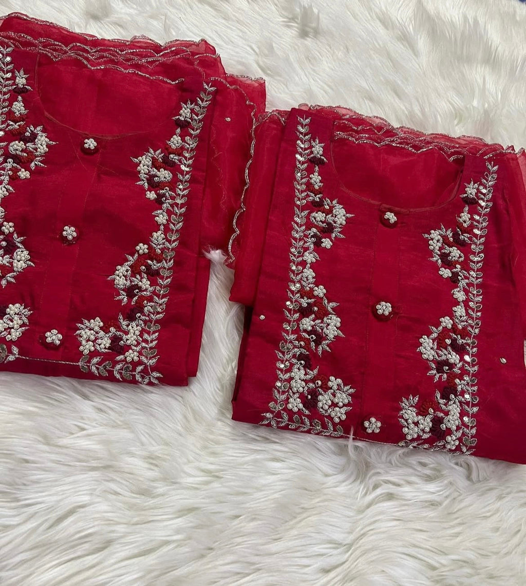 Red embroidered kurta Pant  with dupatta