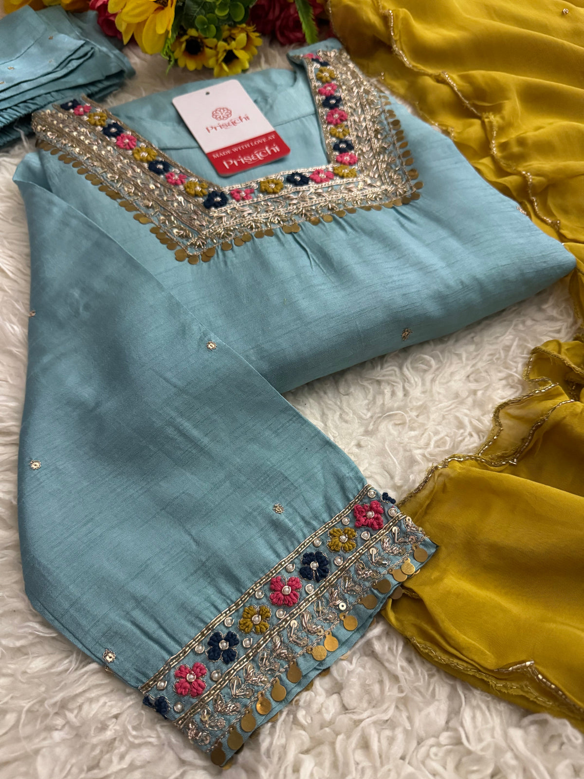 Sky Blue embroidered kurta Bottom with dupatta