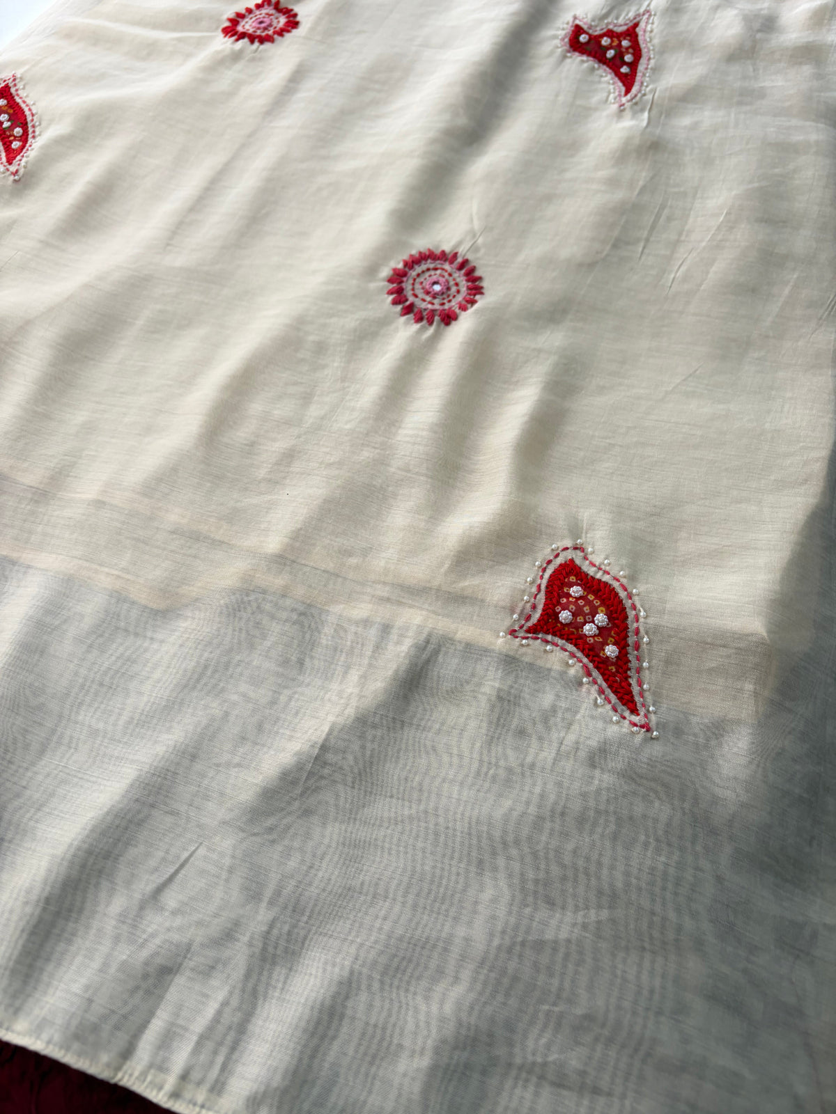 Cream Thread Embroidered A-Line Ethnic Kurta Set with Dupatta & Pants