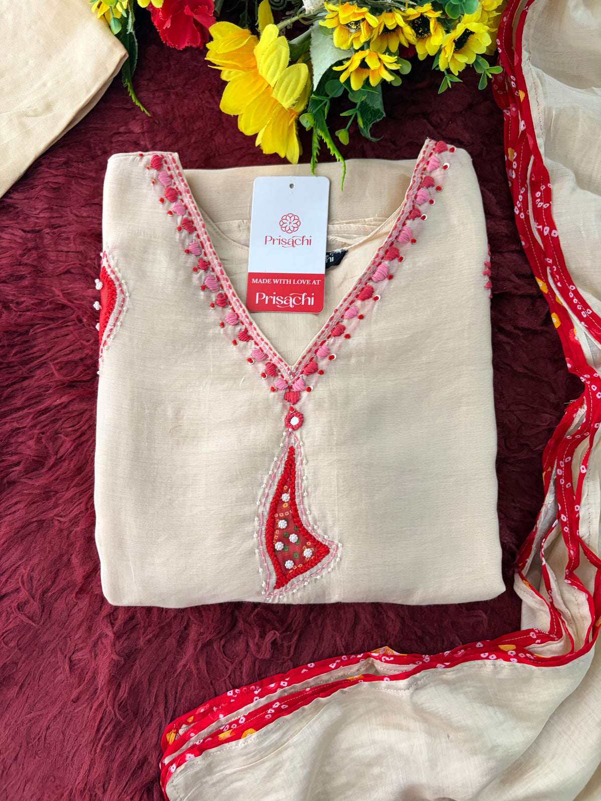 Cream Thread Embroidered A-Line Ethnic Kurta Set with Dupatta & Pants