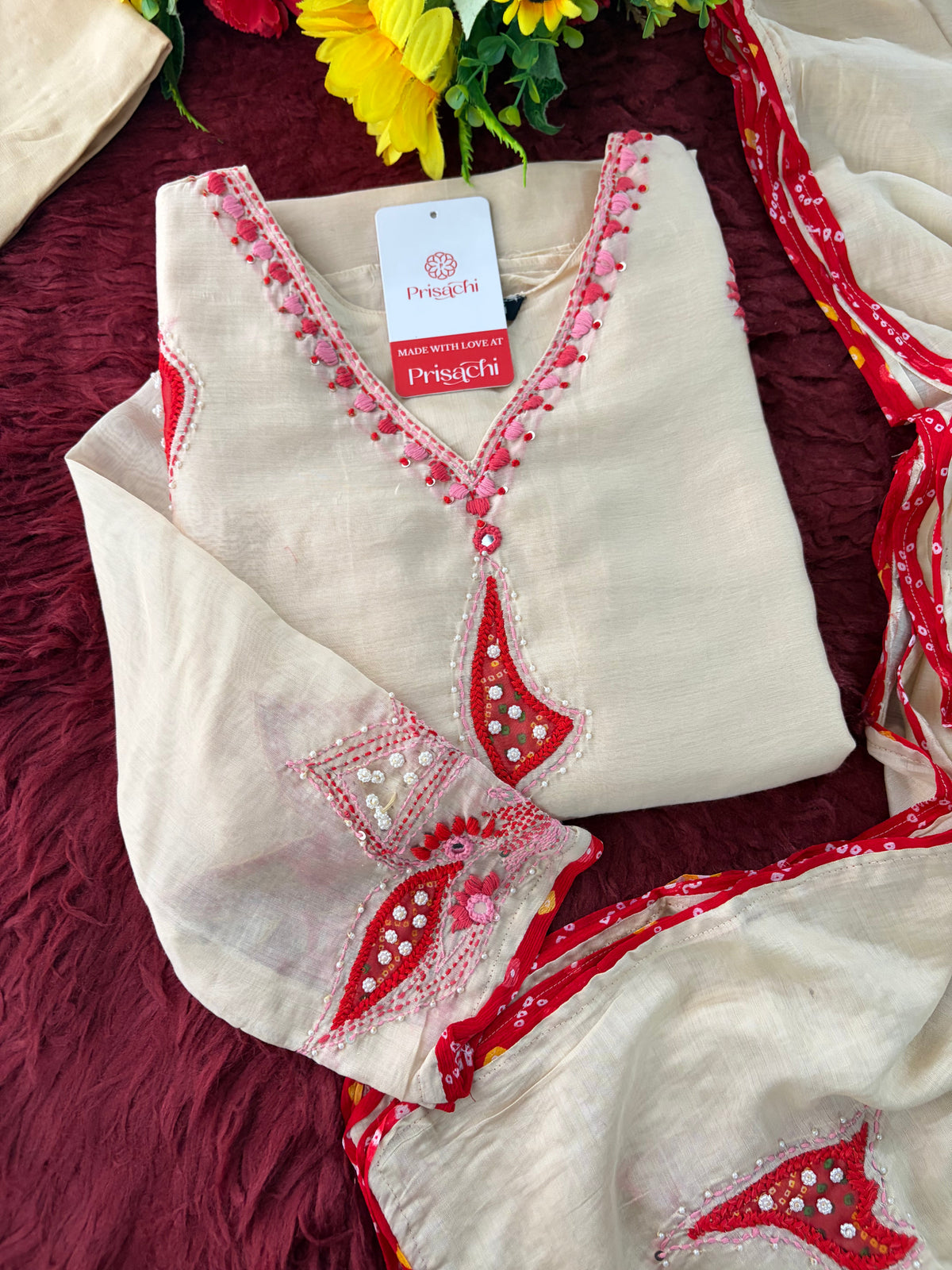 Cream Thread Embroidered A-Line Ethnic Kurta Set with Dupatta & Pants