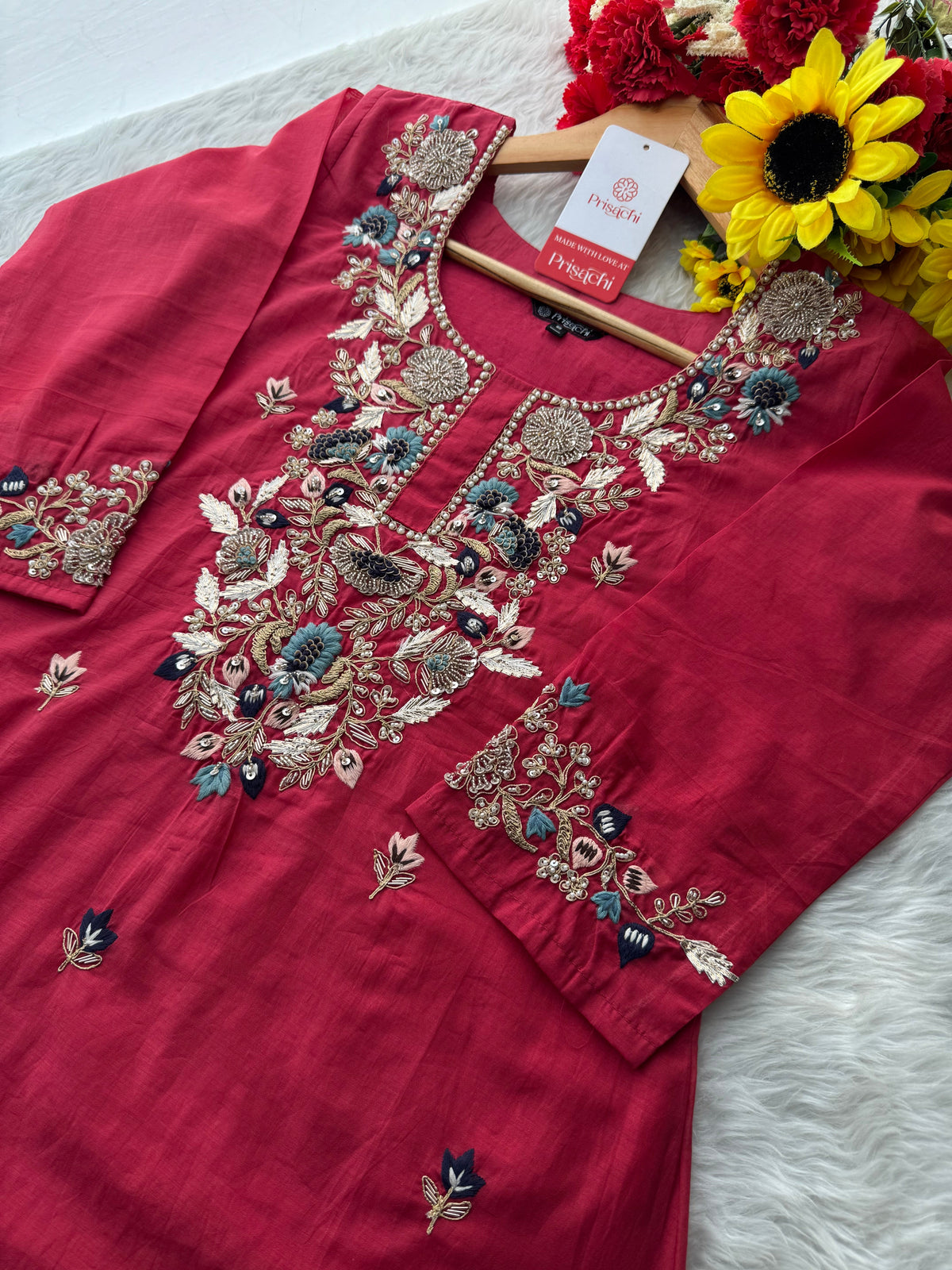 Deep Pink  Blue A-Line Embroidered Ethnic Kurta Set for Women with Pants & Banarasi Dupatta