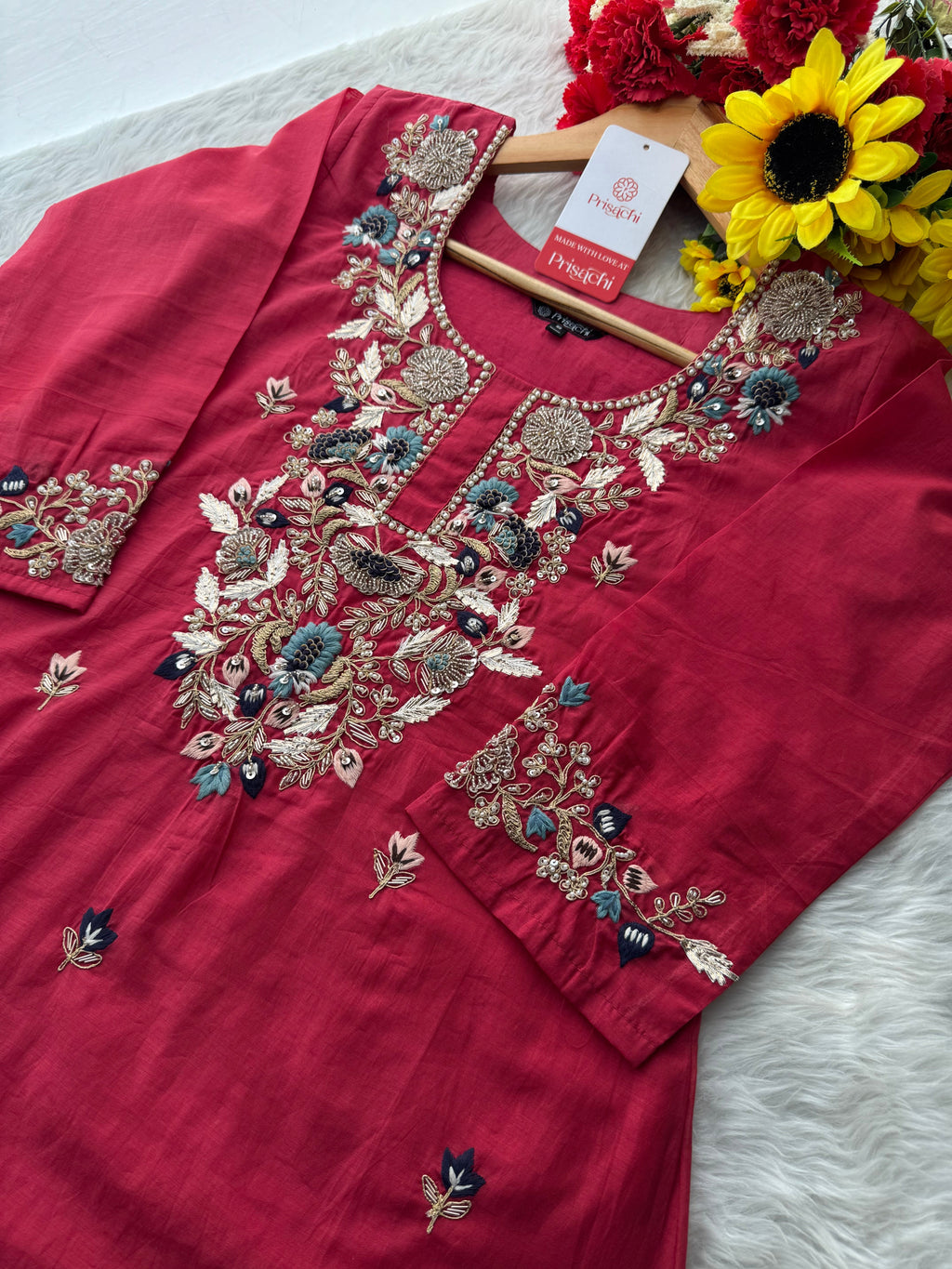 Designer A-Line Embroidered Ethnic Kurta Set for Women with Pants & Banarasi Dupatta
