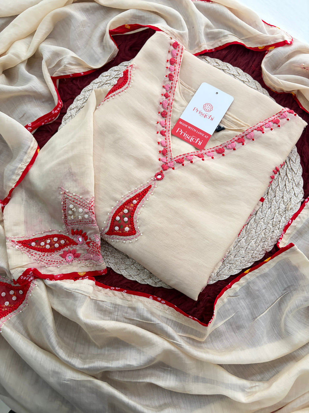 Cream Thread Embroidered A-Line Ethnic Kurta Set with Dupatta & Pants
