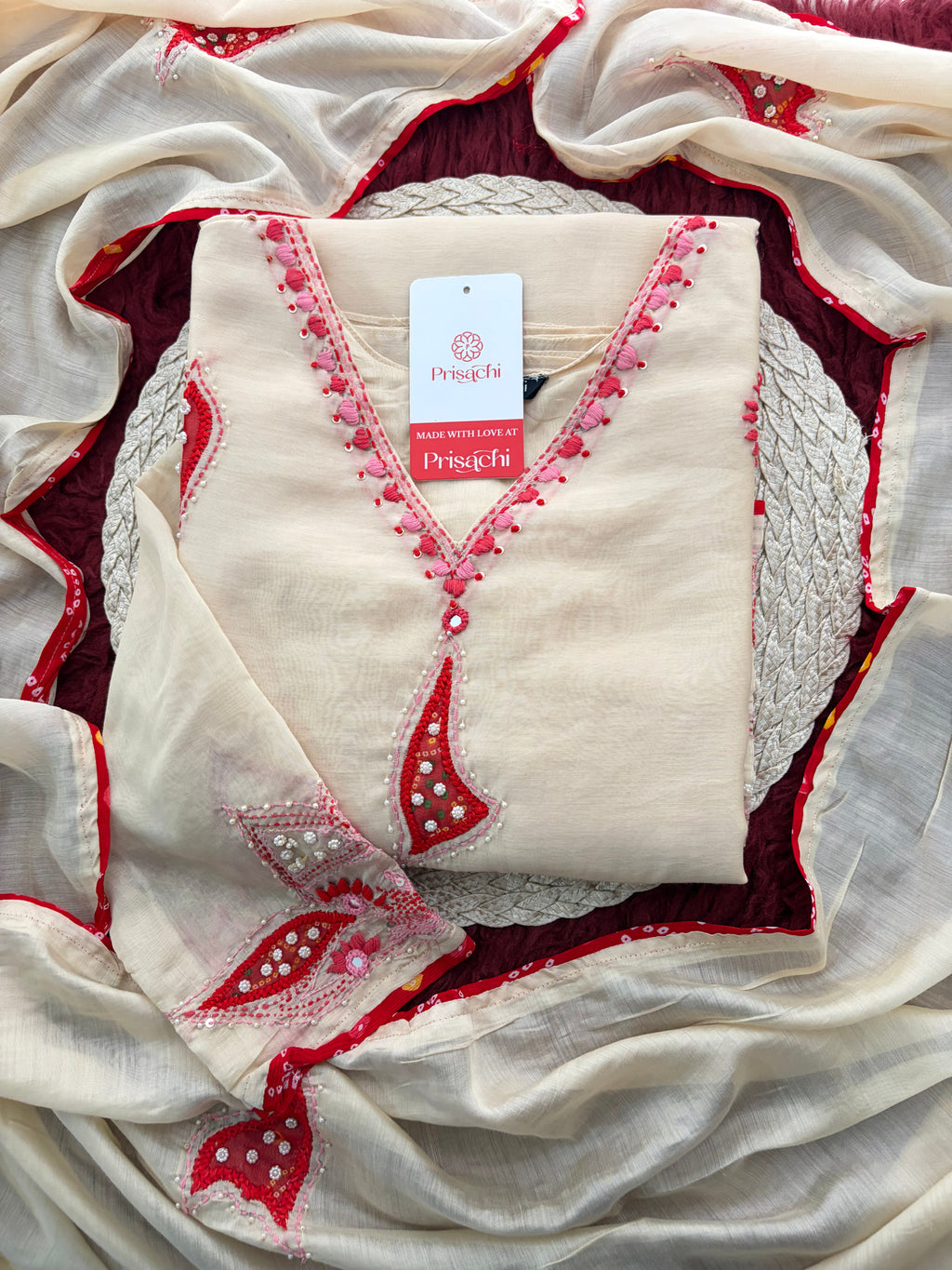 Cream Thread Embroidered A-Line Ethnic Kurta Set with Dupatta & Pants