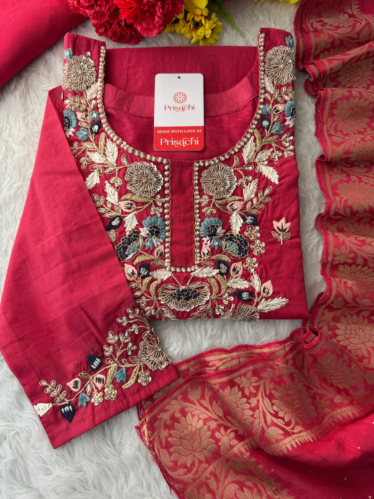 Designer A-Line Embroidered Ethnic Kurta Set for Women with Pants & Banarasi Dupatta