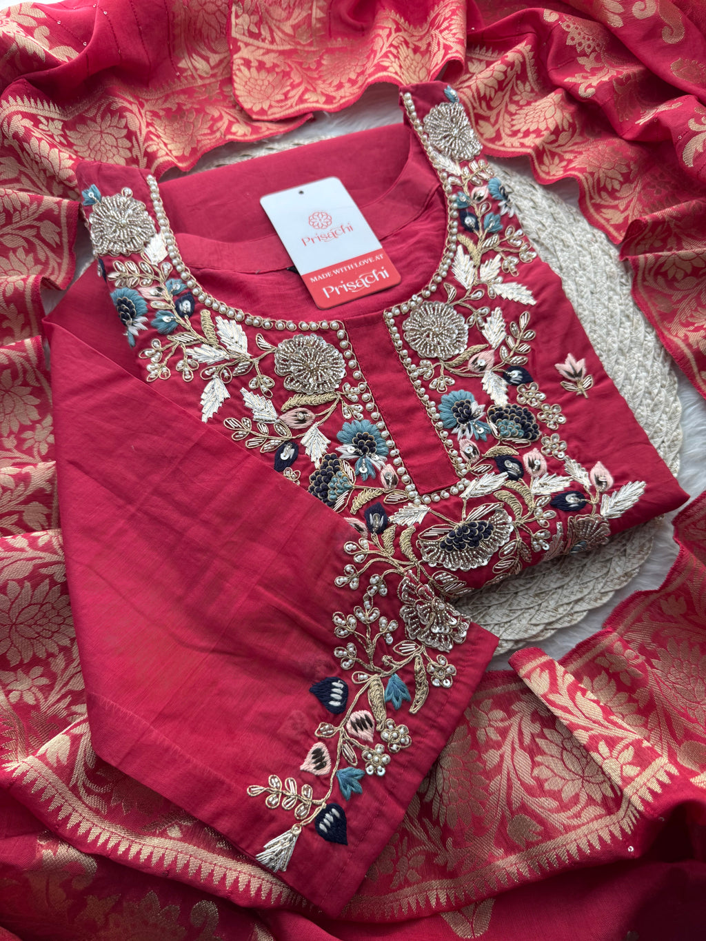 Designer A-Line Embroidered Ethnic Kurta Set for Women with Pants & Banarasi Dupatta