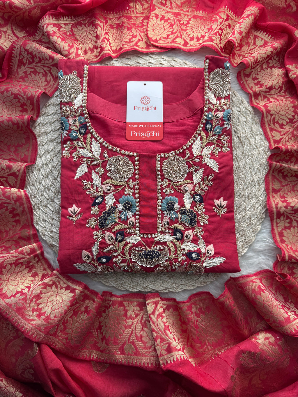 Deep Pink  Blue A-Line Embroidered Ethnic Kurta Set for Women with Pants & Banarasi Dupatta
