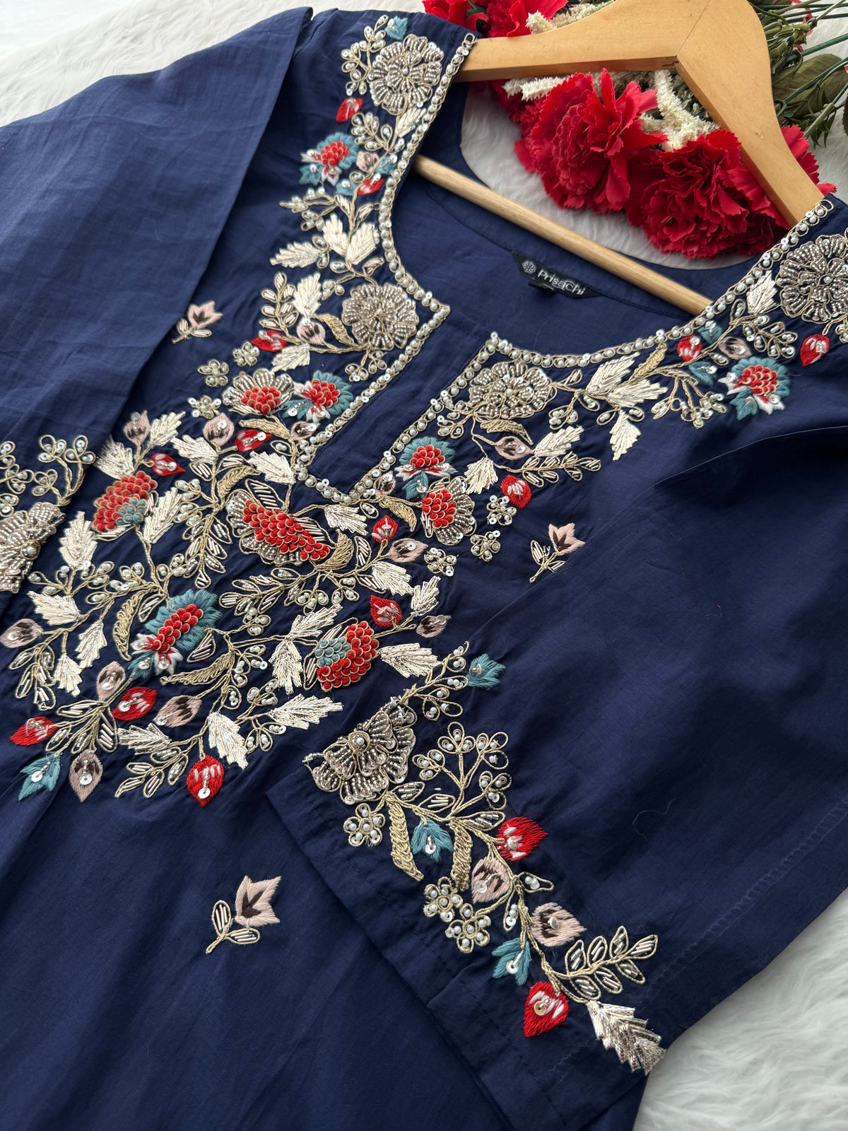 Designer A-Line Embroidered Ethnic Kurta Set for Women with Pants & Banarasi Dupatta
