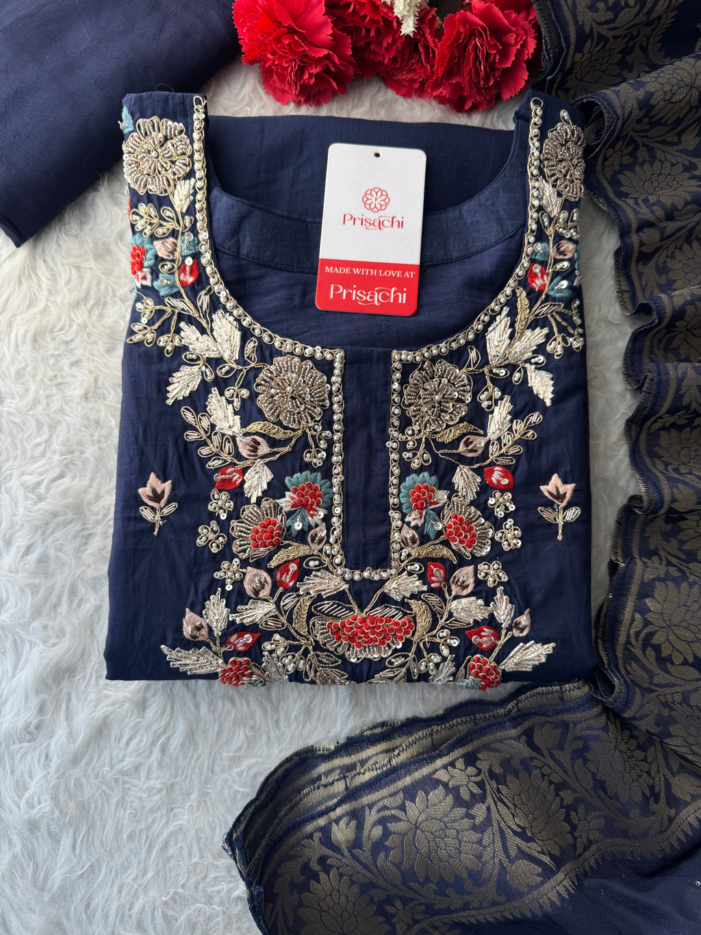 Designer A-Line Embroidered Ethnic Kurta Set for Women with Pants & Banarasi Dupatta