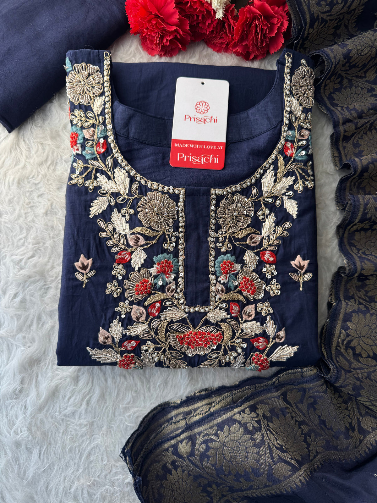 Designer A-Line Embroidered Ethnic Kurta Set for Women with Pants & Banarasi Dupatta