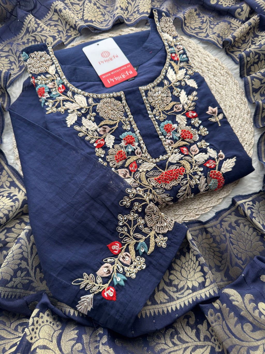 Navy Blue A-Line Embroidered Ethnic Kurta Set for Women with Pants & Banarasi Dupatta