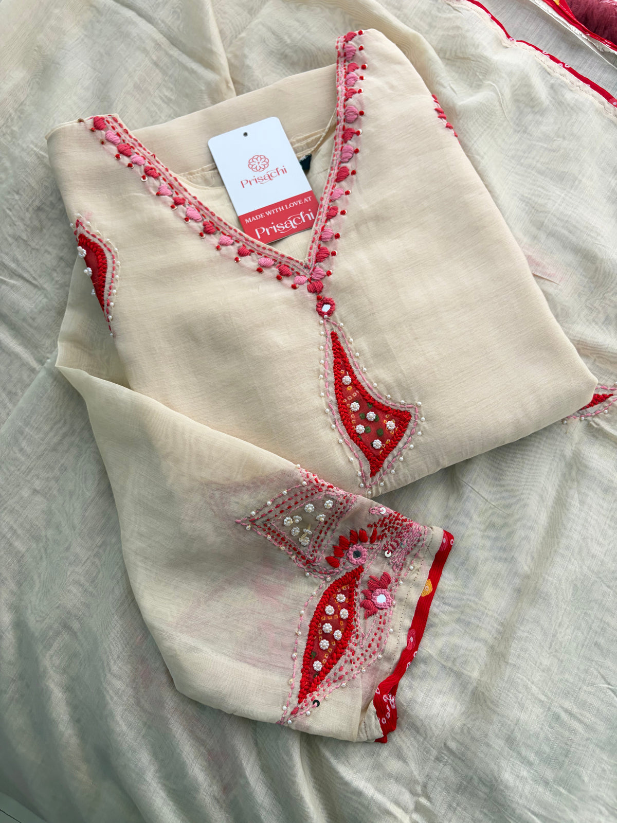 Cream Thread Embroidered A-Line Ethnic Kurta Set with Dupatta & Pants