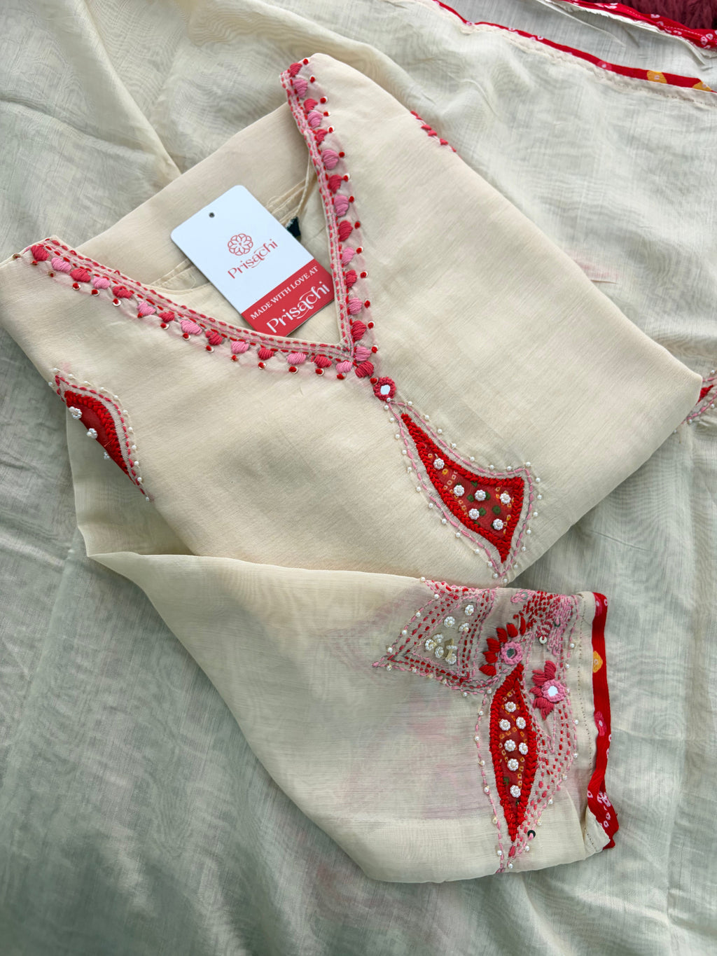 Cream Thread Embroidered A-Line Ethnic Kurta Set with Dupatta & Pants