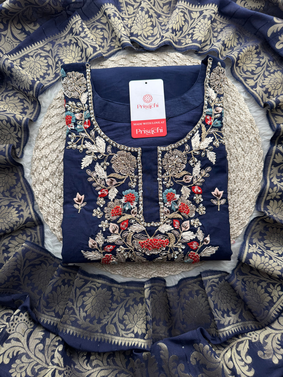 Designer A-Line Embroidered Ethnic Kurta Set for Women with Pants & Banarasi Dupatta