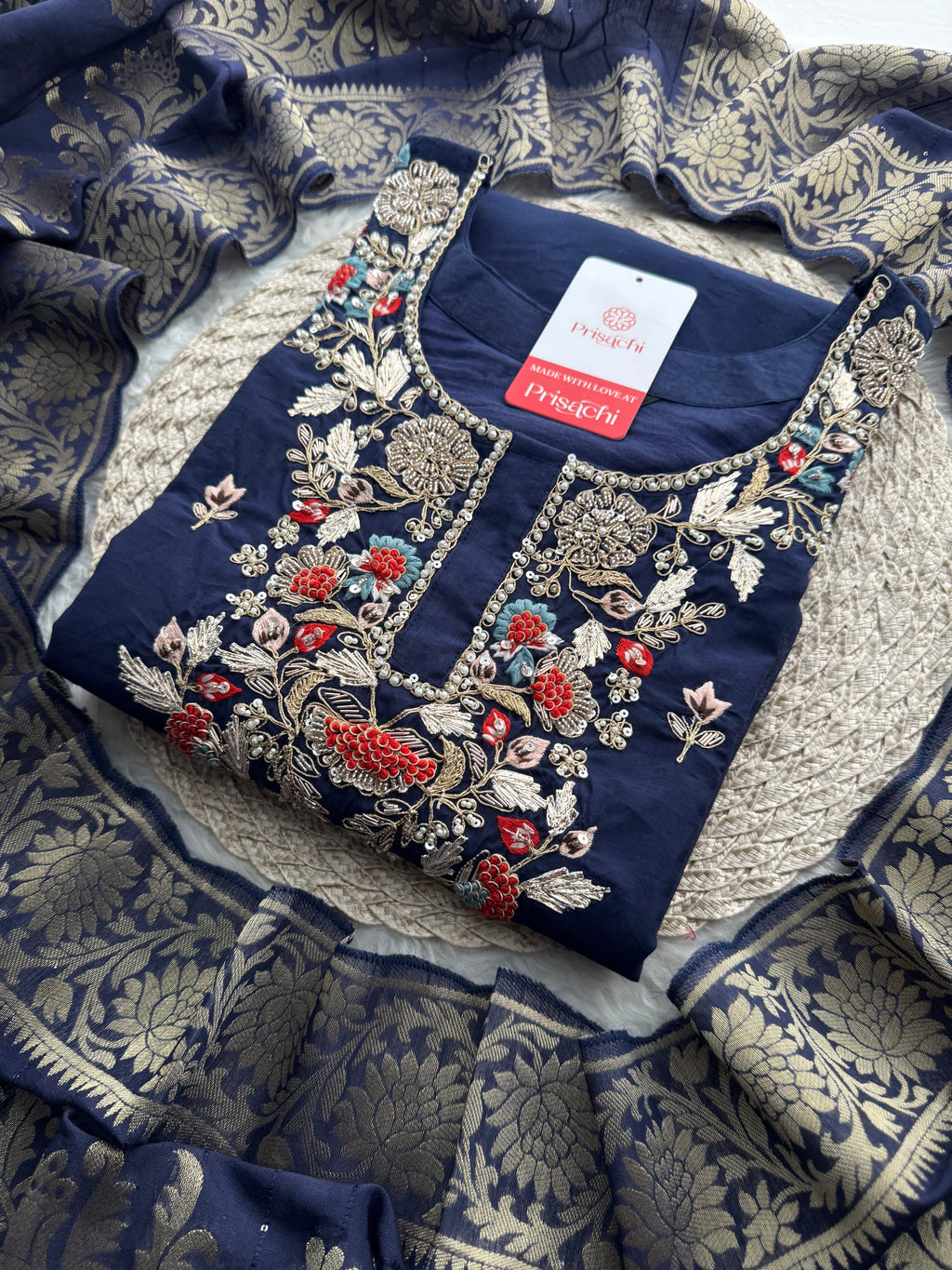 Navy Blue A-Line Embroidered Ethnic Kurta Set for Women with Pants & Banarasi Dupatta