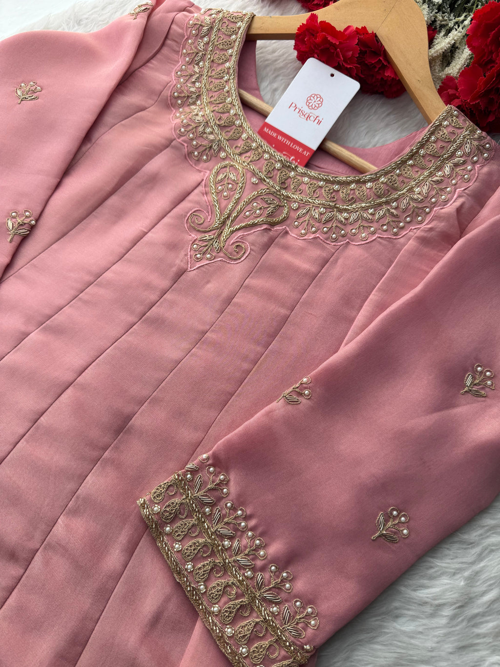 Pink A-Line Embroidered Kurta Set for Women with Pants & Embroidered Dupatta