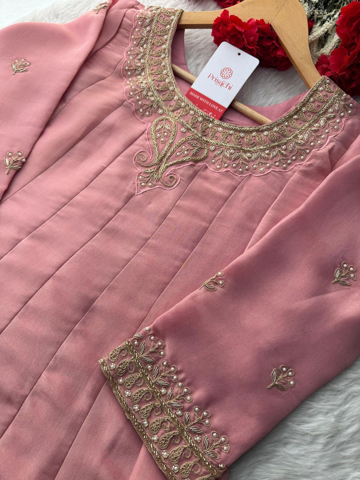 Pink A-Line Embroidered Kurta Set for Women with Pants & Embroidered Dupatta
