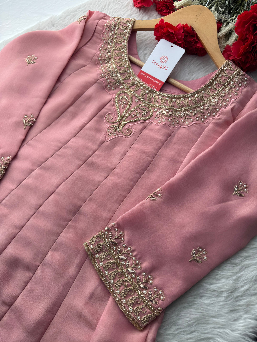 Pink A-Line Embroidered Kurta Set for Women with Pants & Embroidered Dupatta