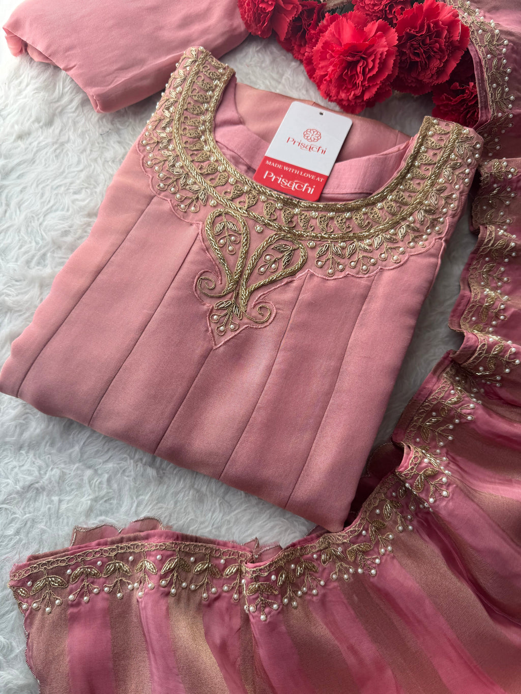 Pink A-Line Embroidered Kurta Set for Women with Pants & Embroidered Dupatta
