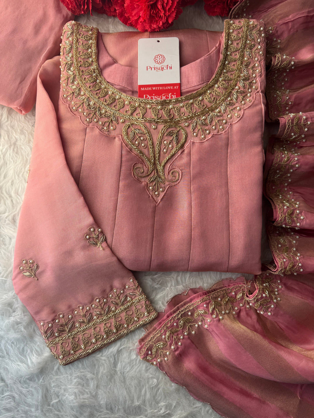 Pink A-Line Embroidered Kurta Set for Women with Pants & Embroidered Dupatta