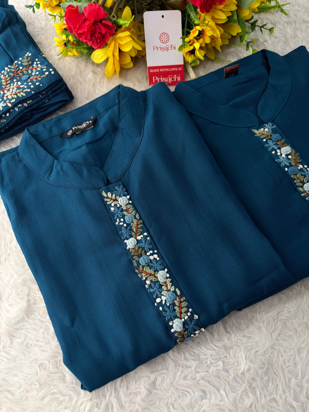 Navy Blue Thread Embroidered collar Kurta with Pant Co-Ord Set | Ethnic Office & Daily Wear