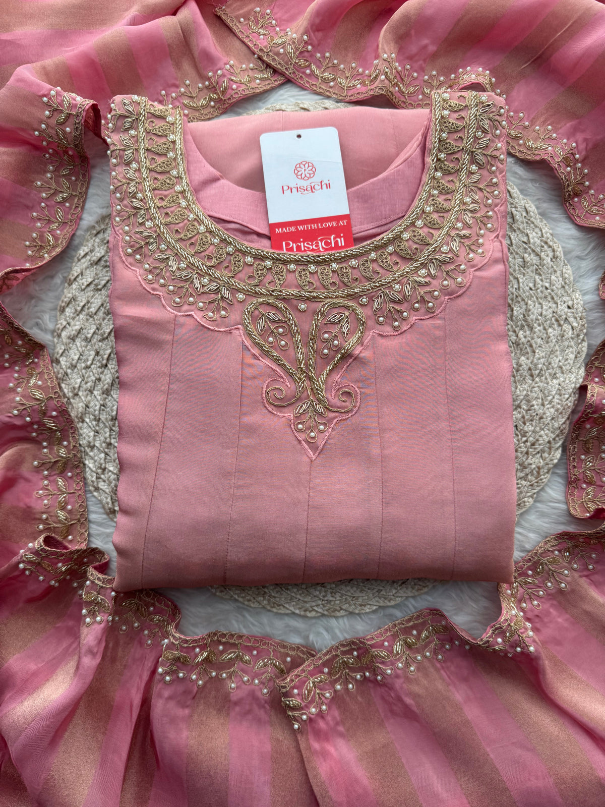 Pink A-Line Embroidered Kurta Set for Women with Pants & Embroidered Dupatta