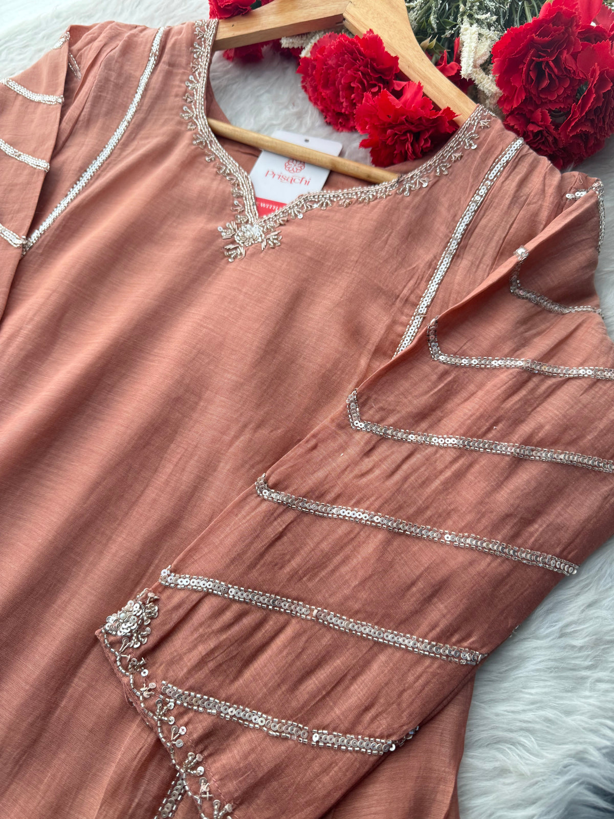Peach A-Line Embroidered Ethnic Kurta Set for Women with Pants & Dupatta