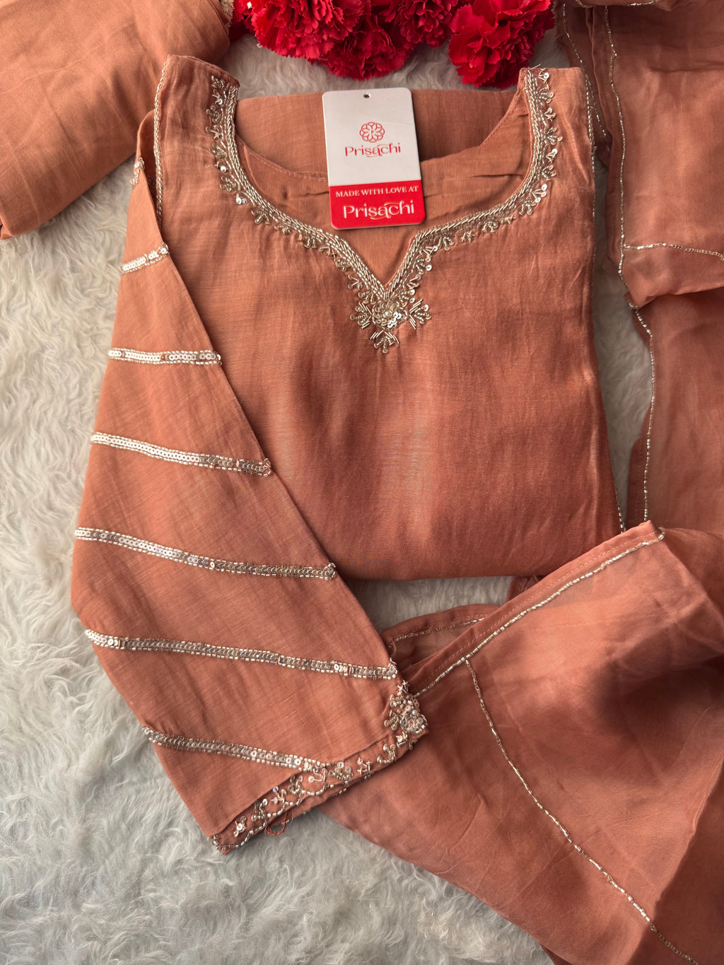 Peach A-Line Embroidered Ethnic Kurta Set for Women with Pants & Dupatta