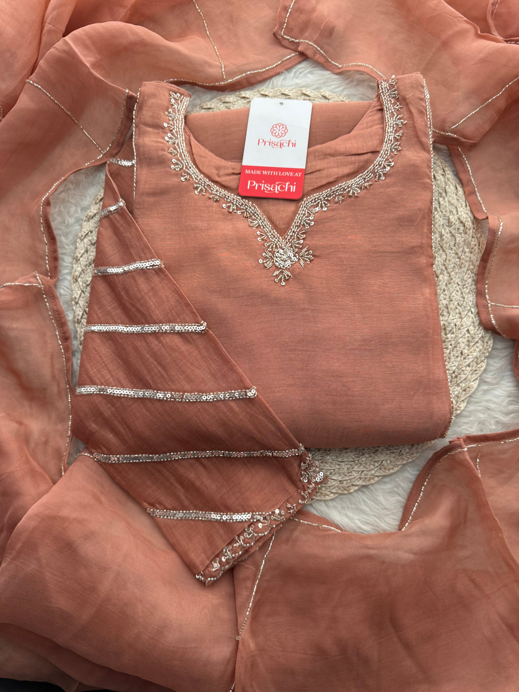 Peach A-Line Embroidered Ethnic Kurta Set for Women with Pants & Dupatta